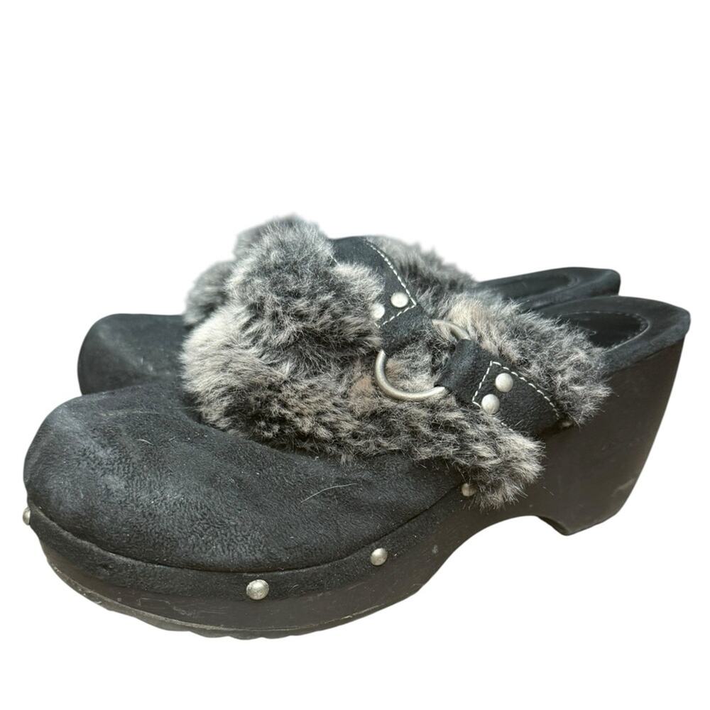 Y2K Suede Faux Fur Chunky Slip On Mules Clogs Womens Size 7 Boho Retro Studded